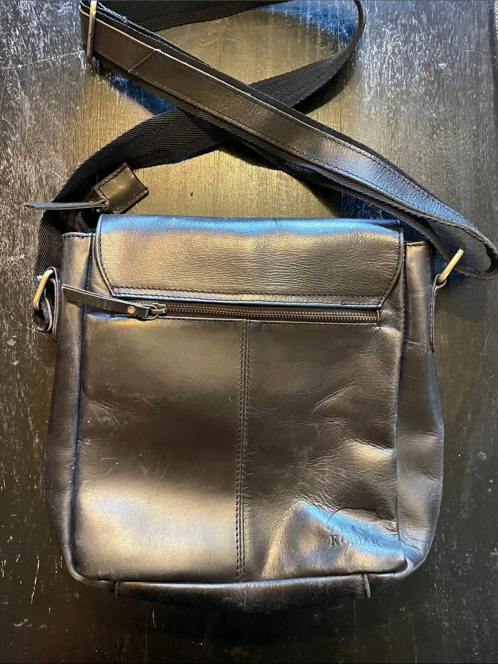 Kodiak Black Leather Messenger Bag with Gold Hardware